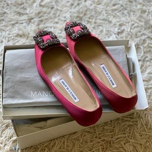 NWT Manolo Blahnik Red Satin Jewel Buckle Flat Shoes